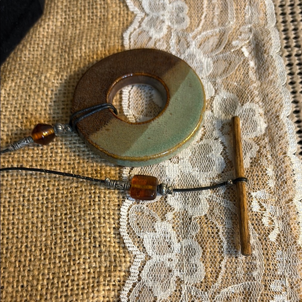 Handcrafted Pottery Brown and Blue Pendant Necklace - Picture 4 of 6